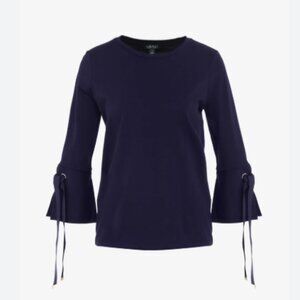 Ralph Lauren Women's Navy Blue Bell Sleeve Top Gold Tie Accents Size Large L